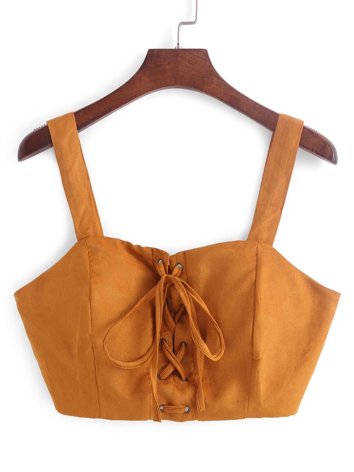 Romwe Faux Suede Lace-up Crop Cami Top