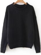 Romwe Black Hollow Out Crew Neck Sweater