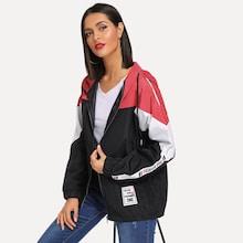 Romwe Letter Patched Tape Detail Drawstring Hooded Jacket