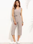 Romwe Grey V Neck Self Tie Zipper Back Sleeveless Jumpsuit