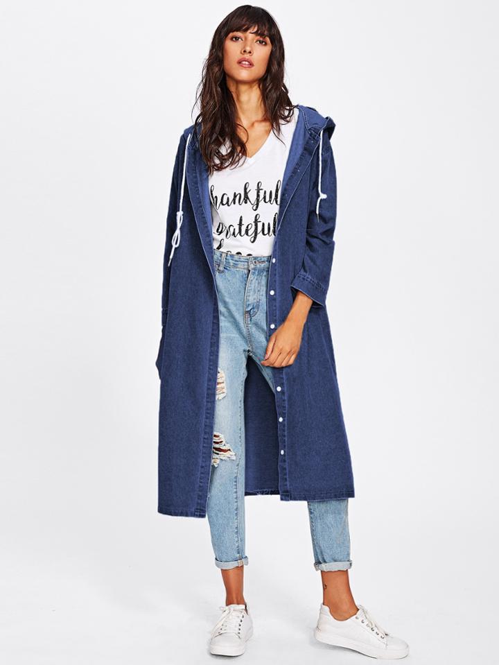 Romwe Hooded Side Split Long Denim Coat
