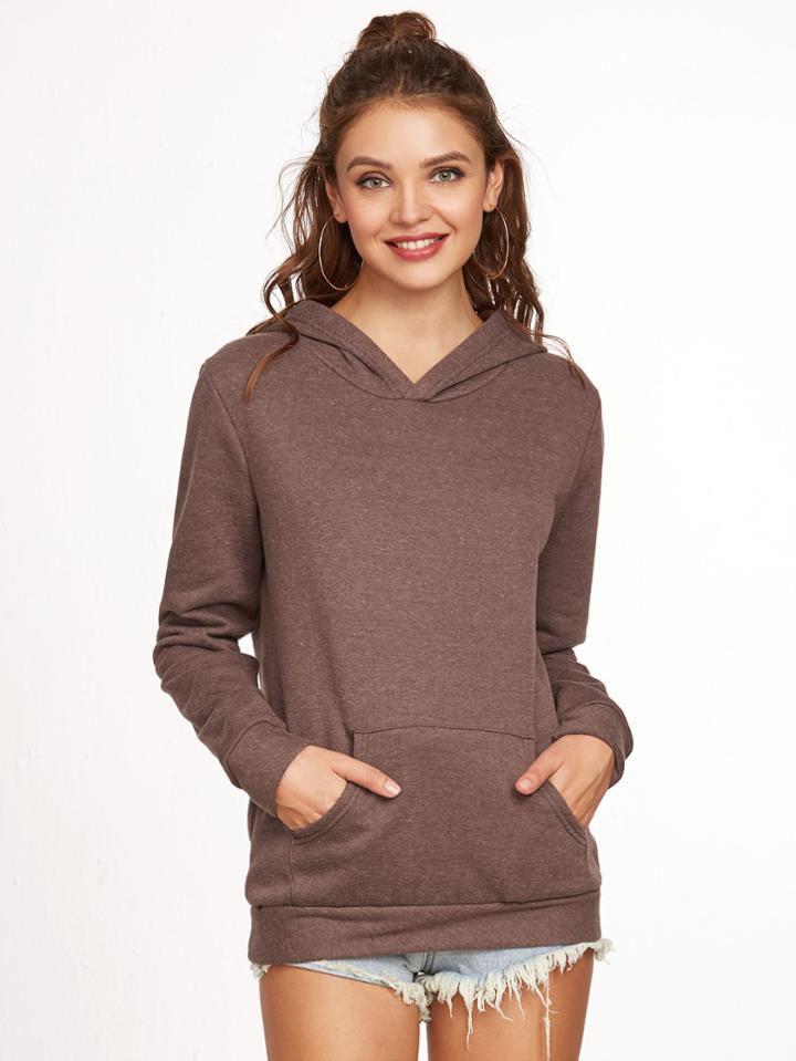 Romwe Brown Hooded Pocket Plain Sweatshirt