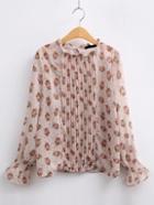 Romwe Apricot Floral Print Bell Sleeve Pleated Blouse