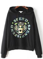Romwe Black Lion Face Print Hooded Sweatshirt