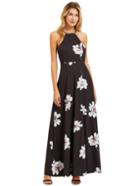 Romwe Black Floral Print Halter Neck Maxi Dress