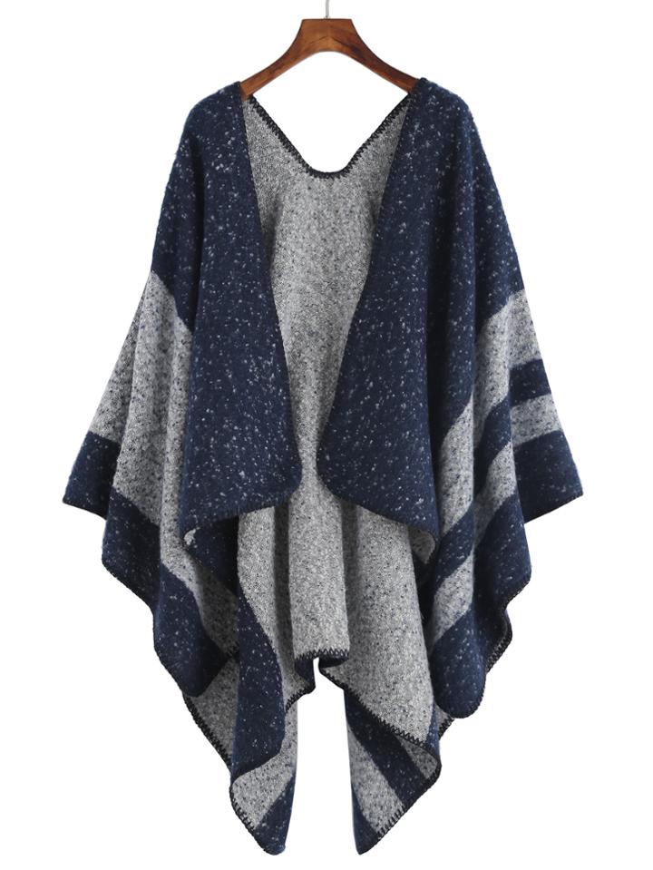 Romwe Navy And Grey Stripe Mottled Shawl Scarf