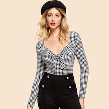 Romwe Knot Front Gingham Print Tee