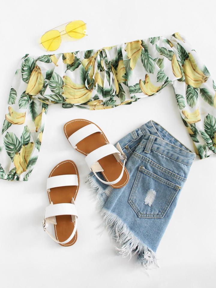 Romwe Off Shoulder Banana Print Crop Top