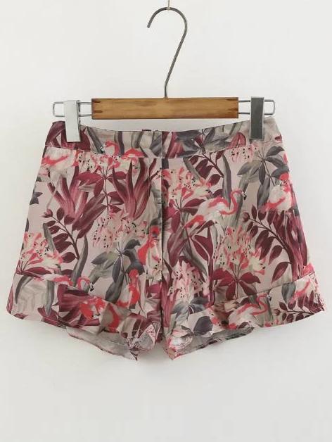 Romwe Floral Ruffle Hem Shorts
