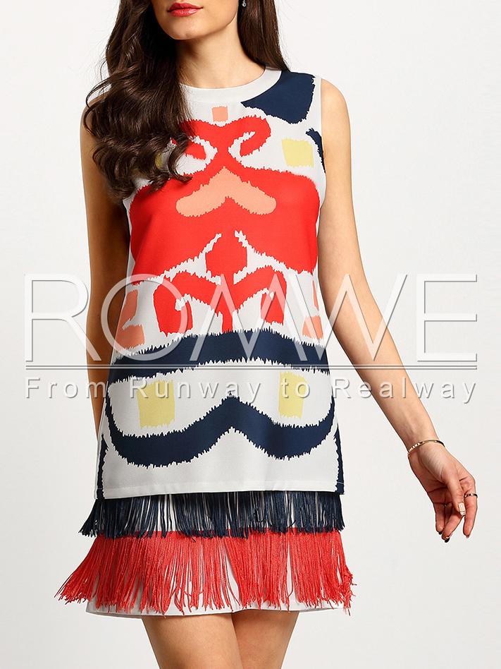 Romwe Multicolor Print Sleeveless Fringe Hem Shift Dress