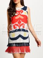 Romwe Multicolor Print Sleeveless Fringe Hem Shift Dress