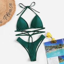 Romwe Halter Triangle Top With High Leg Bikini Set