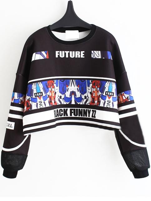 Romwe Letter Robot Print Crop Sweatshirt