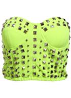 Romwe Rivet Embellished Strapless Crop Neon Green Vest