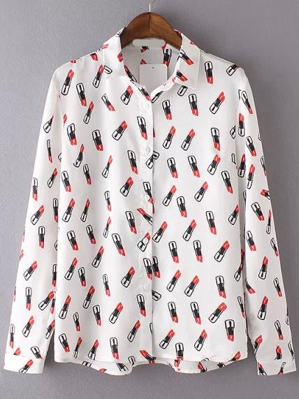 Romwe Lipstick Print White Blouse