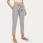 Romwe Striped Button Front Paperbag Waist Pants