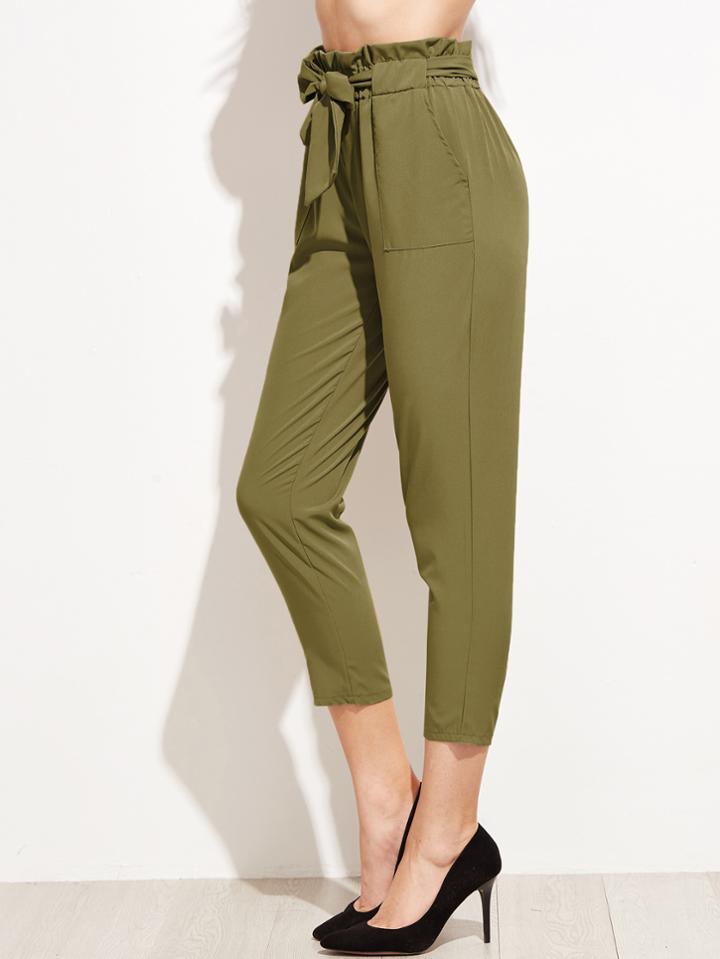 Romwe Ruffle Waist Self Belt Tailored Pants
