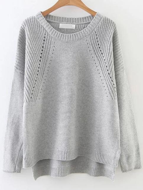 Romwe Grey Hollow Out Drop Shoulder Dip Hem Sweater