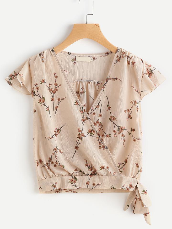 Romwe Ditsy Print Wrap Front Side Knot Blouse