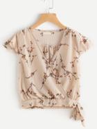 Romwe Ditsy Print Wrap Front Side Knot Blouse