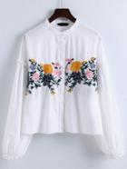 Romwe White Flower Embroidery Ruffle Trim Blouse