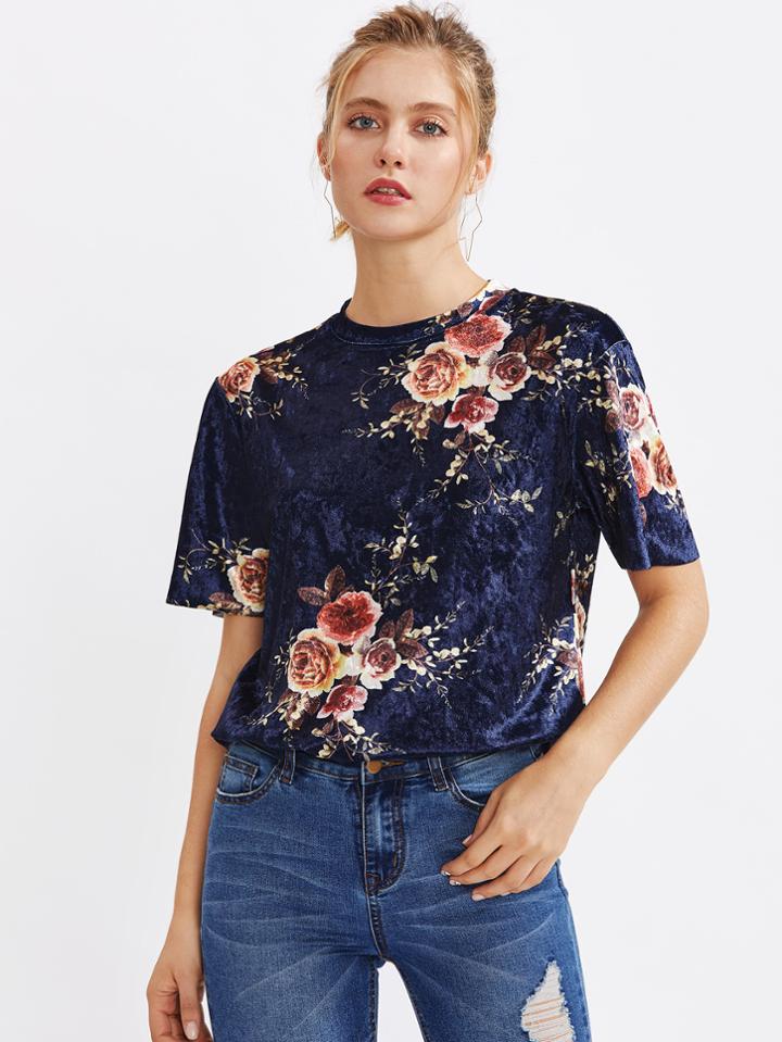 Romwe Flower Print Velvet T-shirt