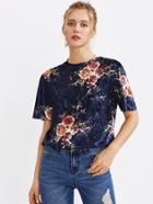 Romwe Flower Print Velvet T-shirt