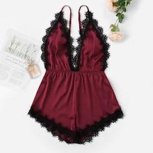 Romwe Eyelash Lace Satin Cami Romper