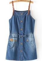 Romwe Straps With Buttons Drawstring Denim Blue Dress