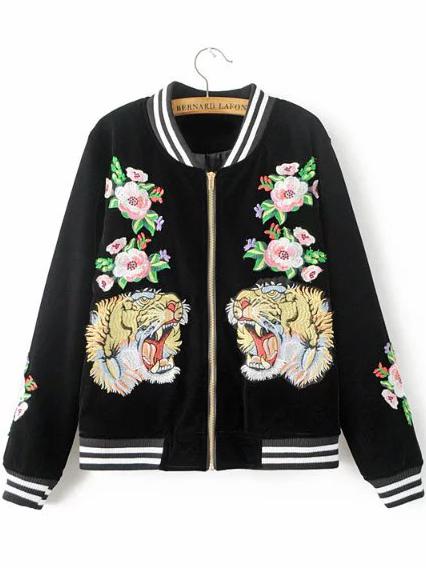 Romwe Black Tiger Embroidery Contrast Trim Velvet Jacket