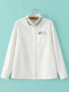 Romwe White Letter Embroidery Blouse With Pocket