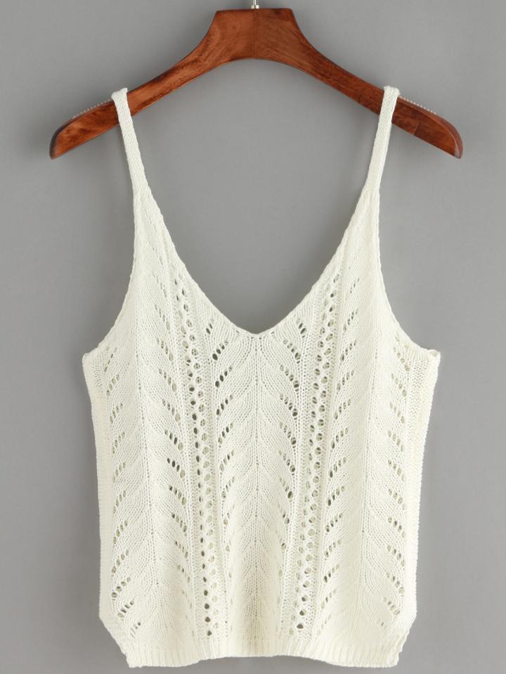 Romwe Deep V Neck Eyelet Beige Tank Top