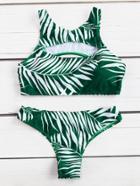 Romwe Leaf Print Cutout Bikini Set
