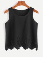Romwe Black Eyelet Scallop Hem Tank Top