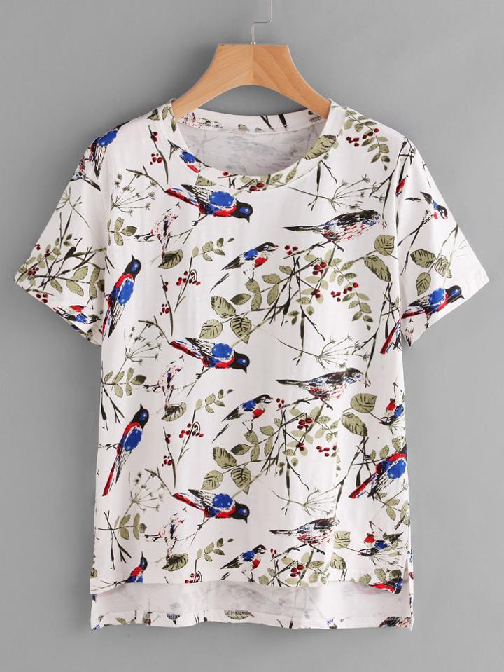 Romwe Bird Leaves Print Random Dip Hem Tee