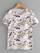 Romwe Bird Leaves Print Random Dip Hem Tee