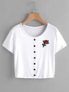 Romwe Rose Patch Button Front Tee