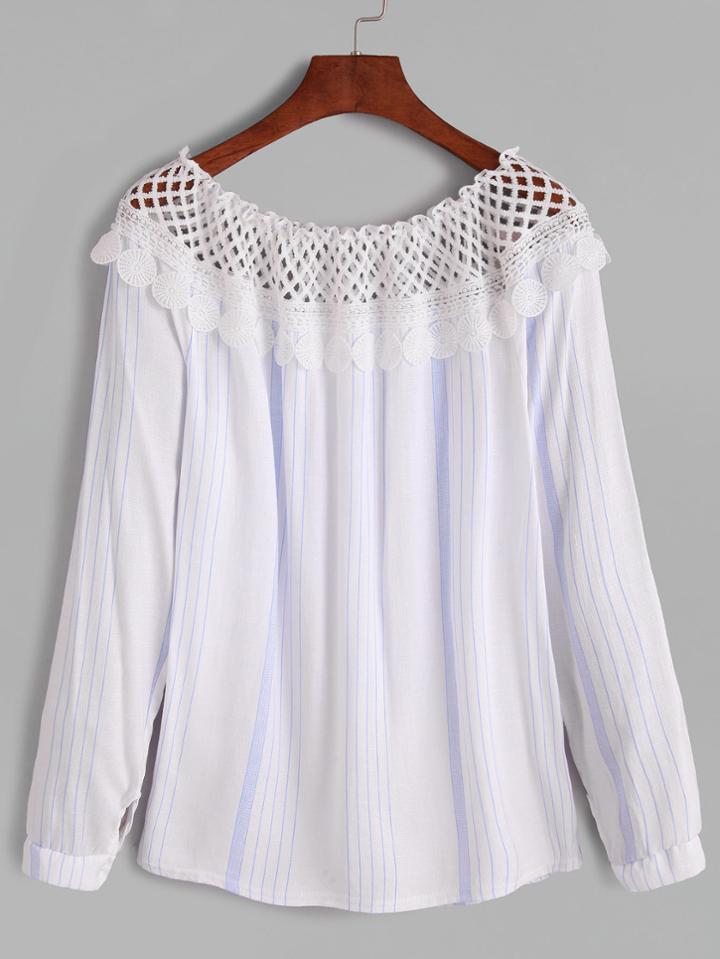 Romwe Vertical Striped Contrast Lace Crochet Blouse
