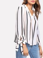 Romwe Bow Tied Cuff Vertical Striped Blouse