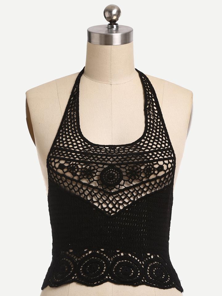 Romwe Hollow Out Backless Crochet Top - Black