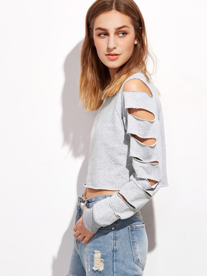 Romwe Grey Ladder Ripped Sleeve Raw Hem Crop Sweatshirt