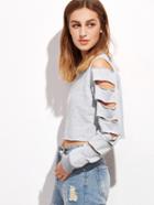 Romwe Grey Ladder Ripped Sleeve Raw Hem Crop Sweatshirt