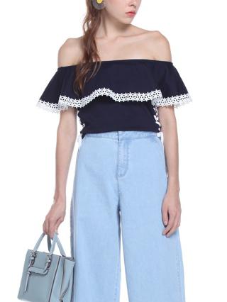 Romwe Navy Off The Shoulder Lace Trim Lace-up Top