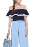 Romwe Navy Off The Shoulder Lace Trim Lace-up Top