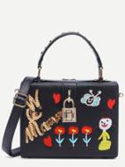 Romwe Black Embroidered Crossbody Bag With Lock