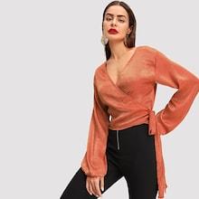 Romwe Bishop Sleeve Surplice Wrap Top