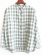Romwe Stand Collar Dip Hem With Pcokets Plaid Green Blouse
