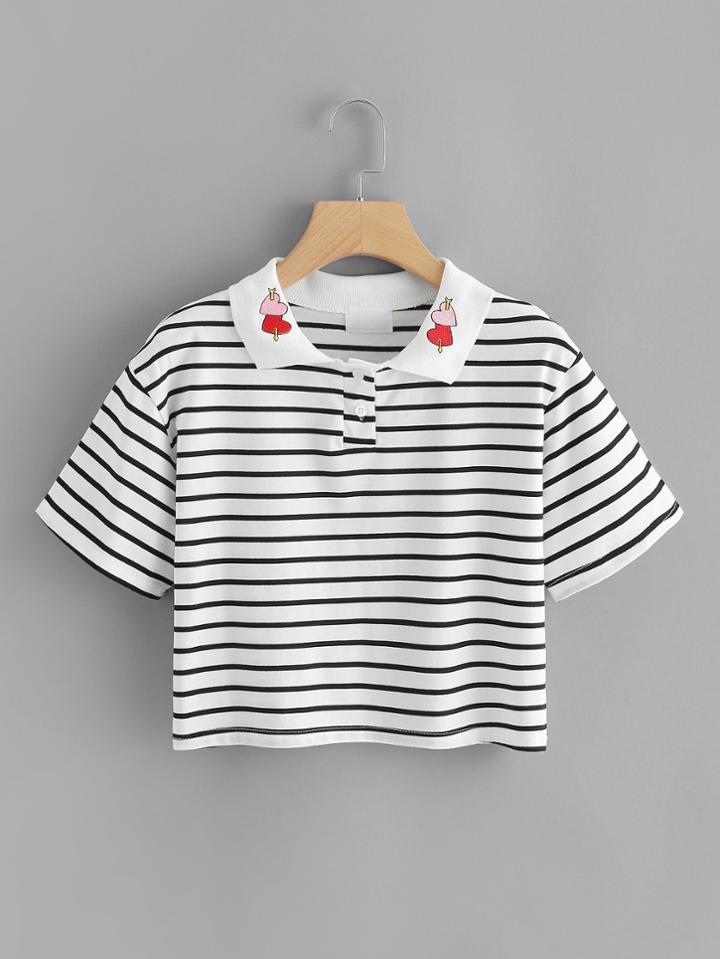 Romwe Embroidered Neck Striped Crop Tee