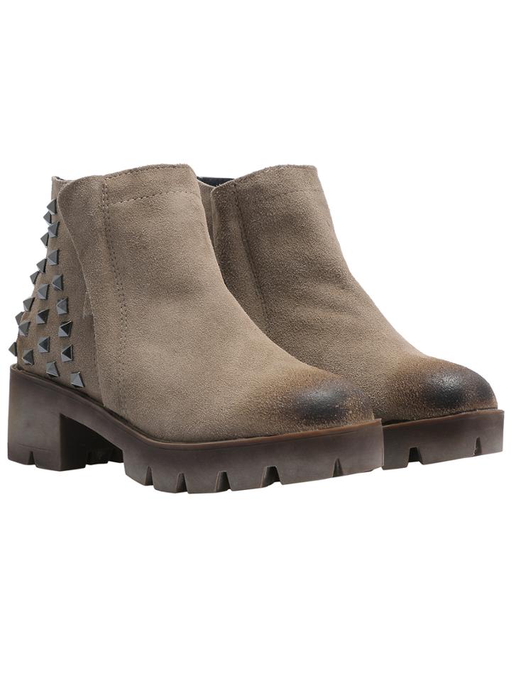 Romwe Khaki Brush Round Toe Studded Zipper Boots