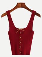 Romwe Burgundy Lace Up Ribbed Knit Tank Top